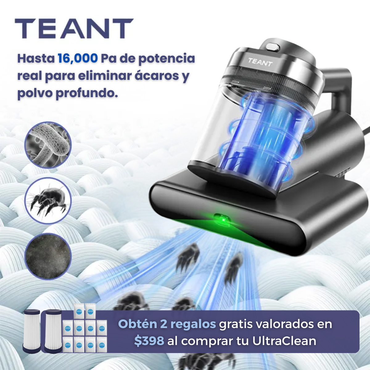 Aspirador UltraClean Anti Bacterias - Consigue una limpieza profunda eliminando ácaros invisibles